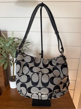 Coach Signature Slouchy Hobo Black and Gray Shoulder Bag